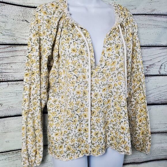 Billabong Women’s Small Peasant Top Yellow Floral Boho Crinkle Cotton Blouse Tie - Picture 2 of 7